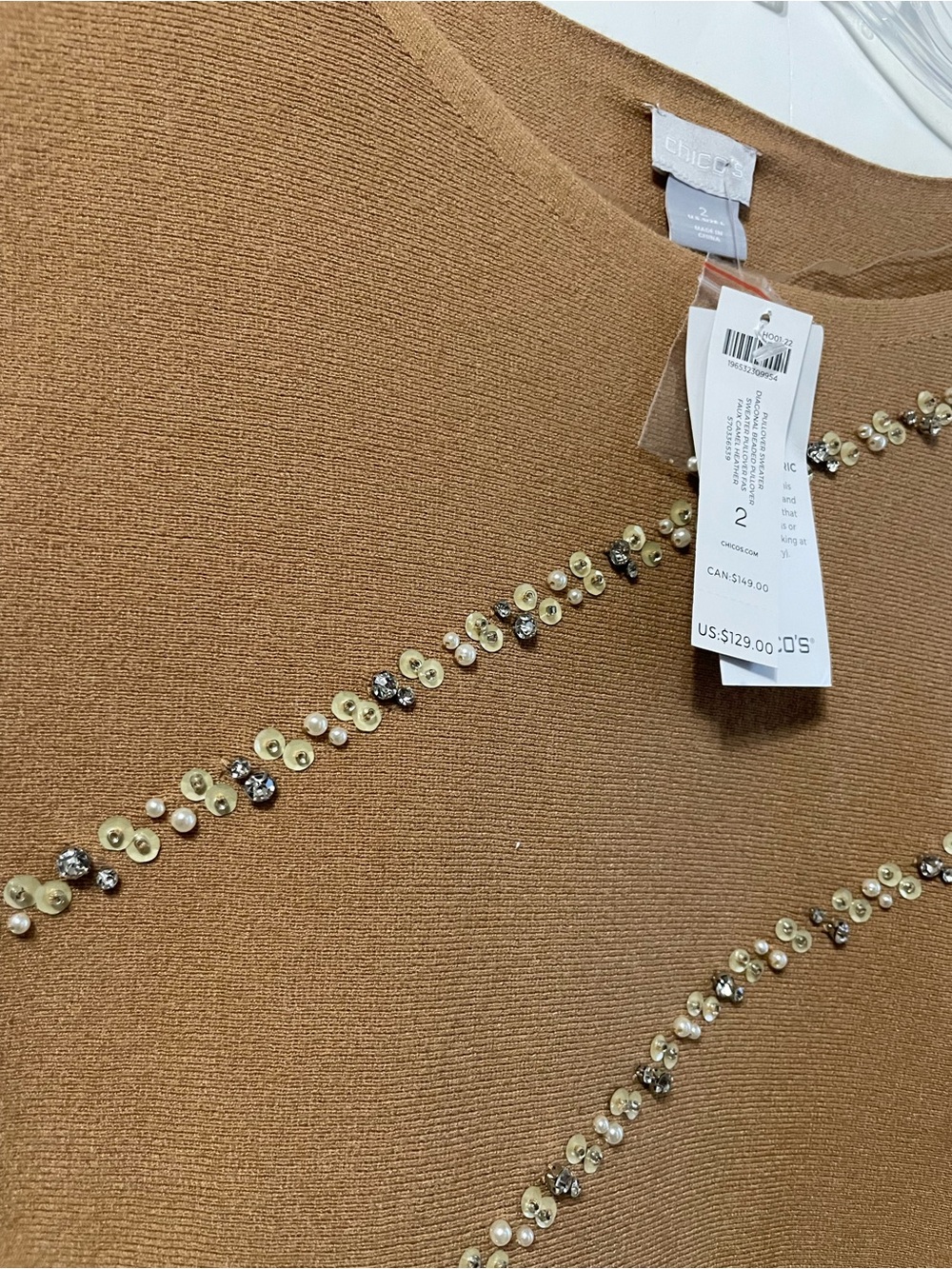 Chico's Beige Diagonal Beaded Embellished Soft Pullover Sweater Top Sz 2/L - Picture 15 of 16